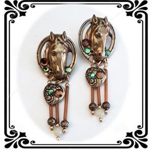 Western Brass Horse Head Dangle Bling Earrings